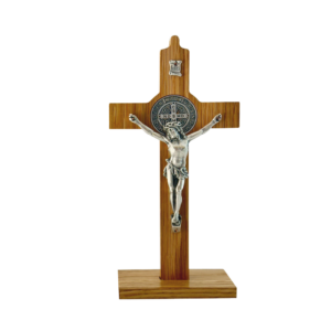 Saint Benedict Crucifix - light natural wood - large with base