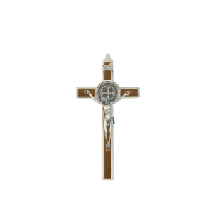 Saint Benedict Crucifix - metal with natural walnut wood - medium-small