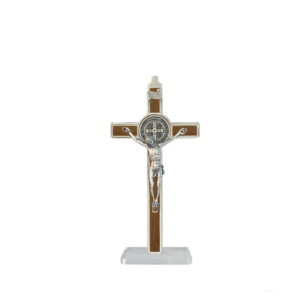 Saint Benedict Crucifix - metal with natural walnut wood - medium-small with base