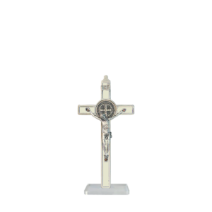 Saint Benedict Crucifix - white enameled - medium-small with base