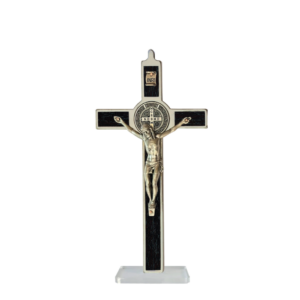 Saint Benedict Crucifix - metal with brown wood - medium with base