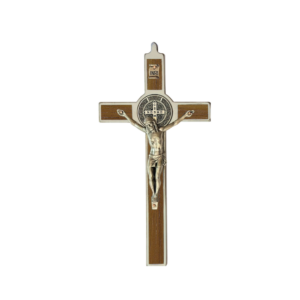 Saint Benedict Crucifix - metal with natural walnut wood - medium