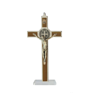 Saint Benedict Crucifix - metal with natural walnut wood - medium with base