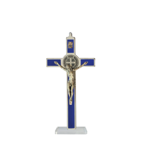 Saint Benedict Crucifix - blue enameled - medium with base