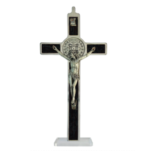 Saint Benedict Crucifix - metal with brown wood - large with base