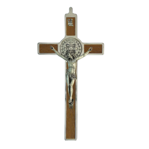 Saint Benedict Crucifix - metal with natural walnut wood - large