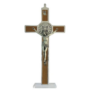 Saint Benedict Crucifix - metal with natural walnut wood - large with base