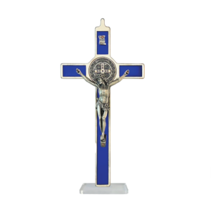 Saint Benedict Crucifix - blue enameled - large with base