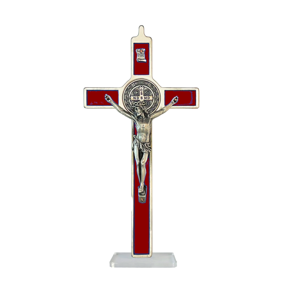 Saint Benedict Crucifix - red enameled - large with base