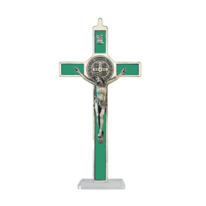 Saint Benedict Crucifix - green enameled - large with base
