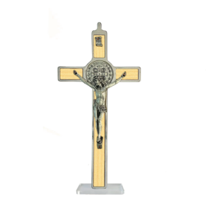 Saint Benedict Crucifix - metal with maple wood - large with base