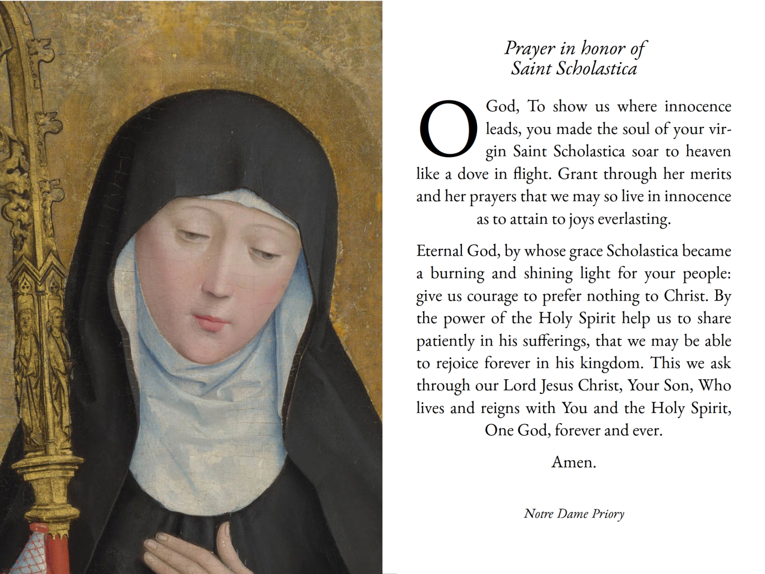Holy Card - Saint Scholastica - Prayer for Innocence